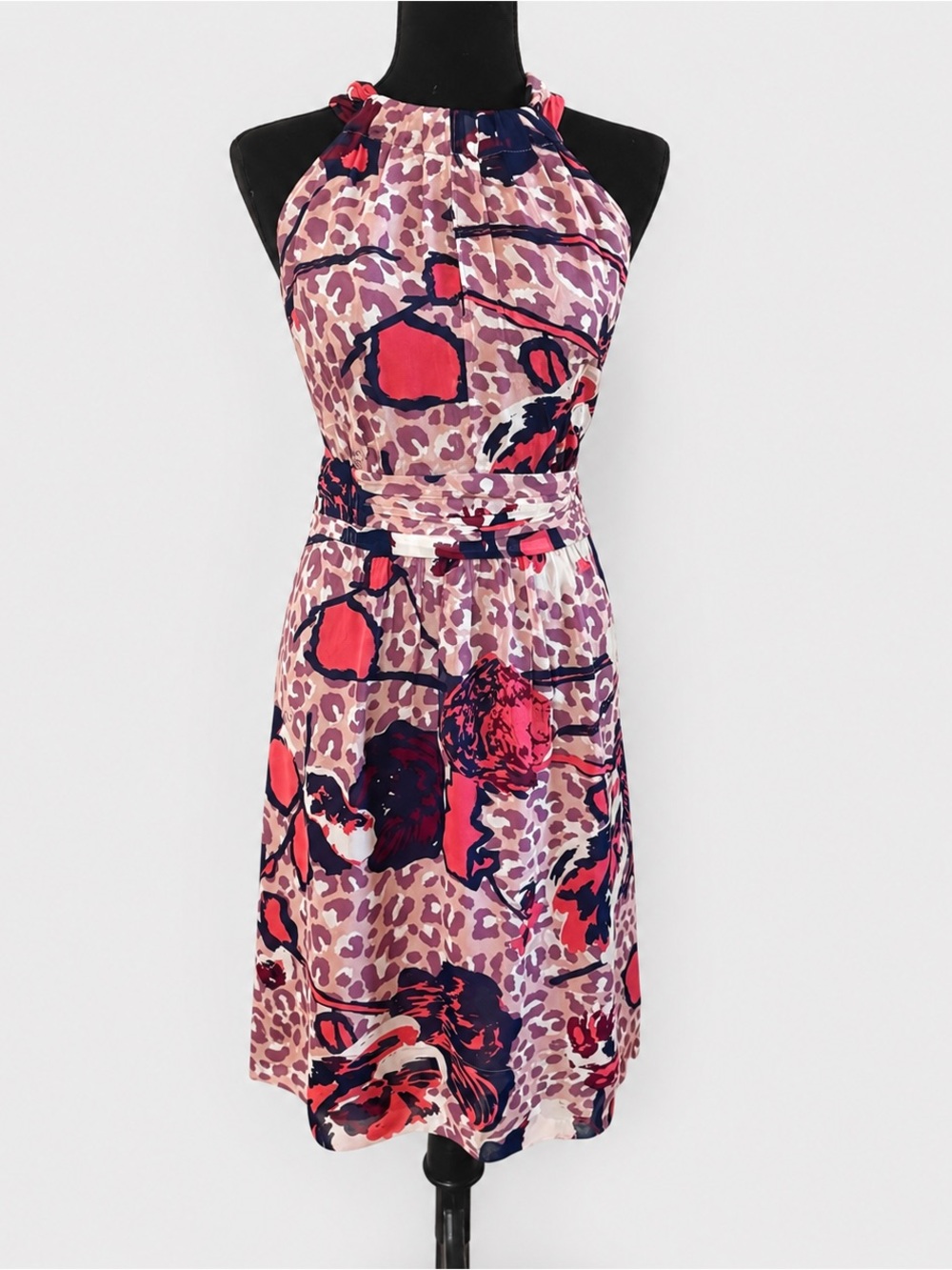 Tory Burch 100% Silk Floral Leopard Print Halter Dress Size 8